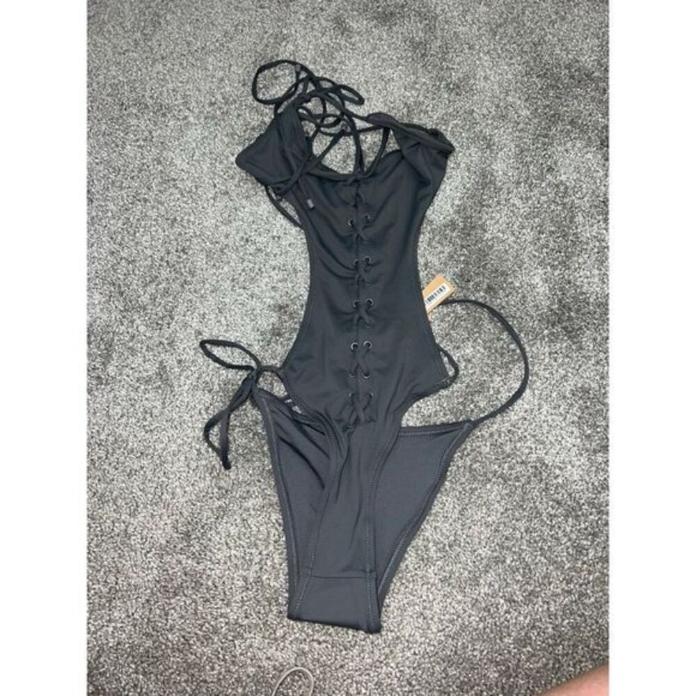 SKIMS Black Lace-Up One Piece Swimsuit